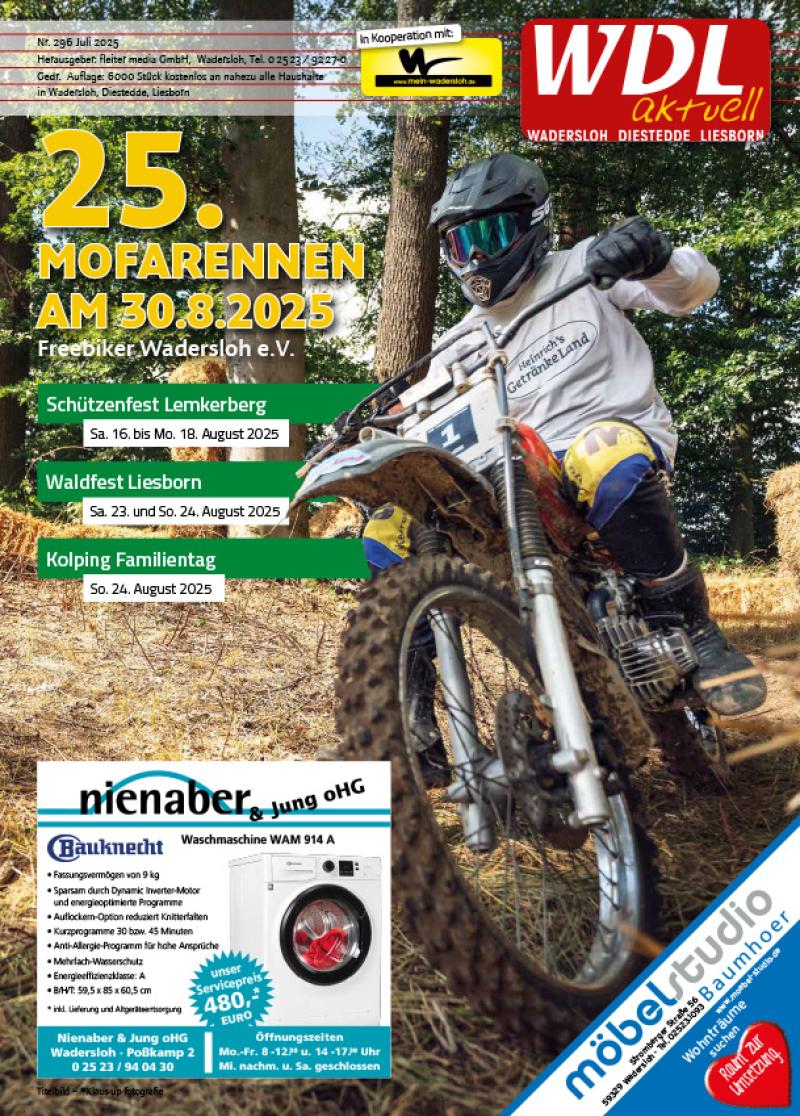 Titelbild WDL-aktuell Juli 2025 - Mofafahrer beim Mofarennen der Freebiker